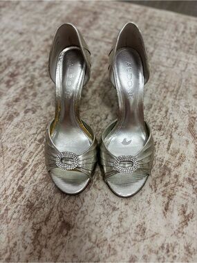 ALDO Metallic Silver Open-Toe D'Orsay Heels with Rhinestone Buckle